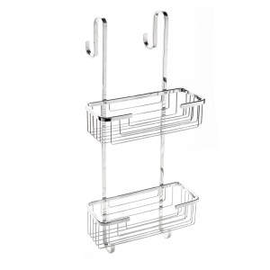 Mensola sospesa cromata con due cestelli portaoggetti per accessori bagno.
