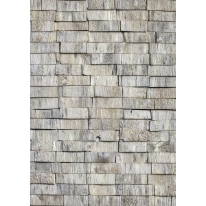 Dettaglio di una facciata in legno con scandole disposte orizzontalmente.