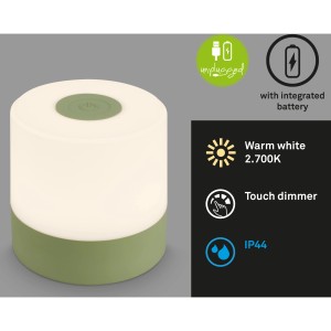 Lampada da tavolo a batteria verde Brilo Smal con dimmer touch, senza fili e resistente agli spruzzi.