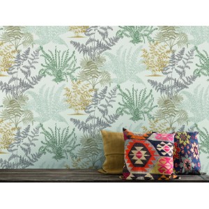 t.b.t. Carta da parati decorativa con motivo felce in toni di verde, grigio e oro.