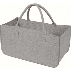 Borsa in feltro grigio con manici per legna da ardere e accessori.