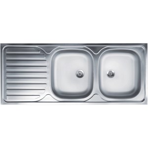 Lavello in acciaio inox con due vasche e scolapiatti.