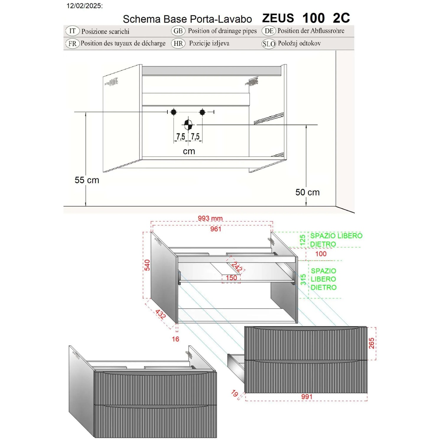 Disegno tecnico: t.b.t. Mobile bagno Zeus 100 2C, misure e dettagli per l'arredo bagno.