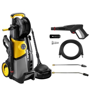Idropulitrice grigio-gialla con accessori come pistola, ugelli e tubo.