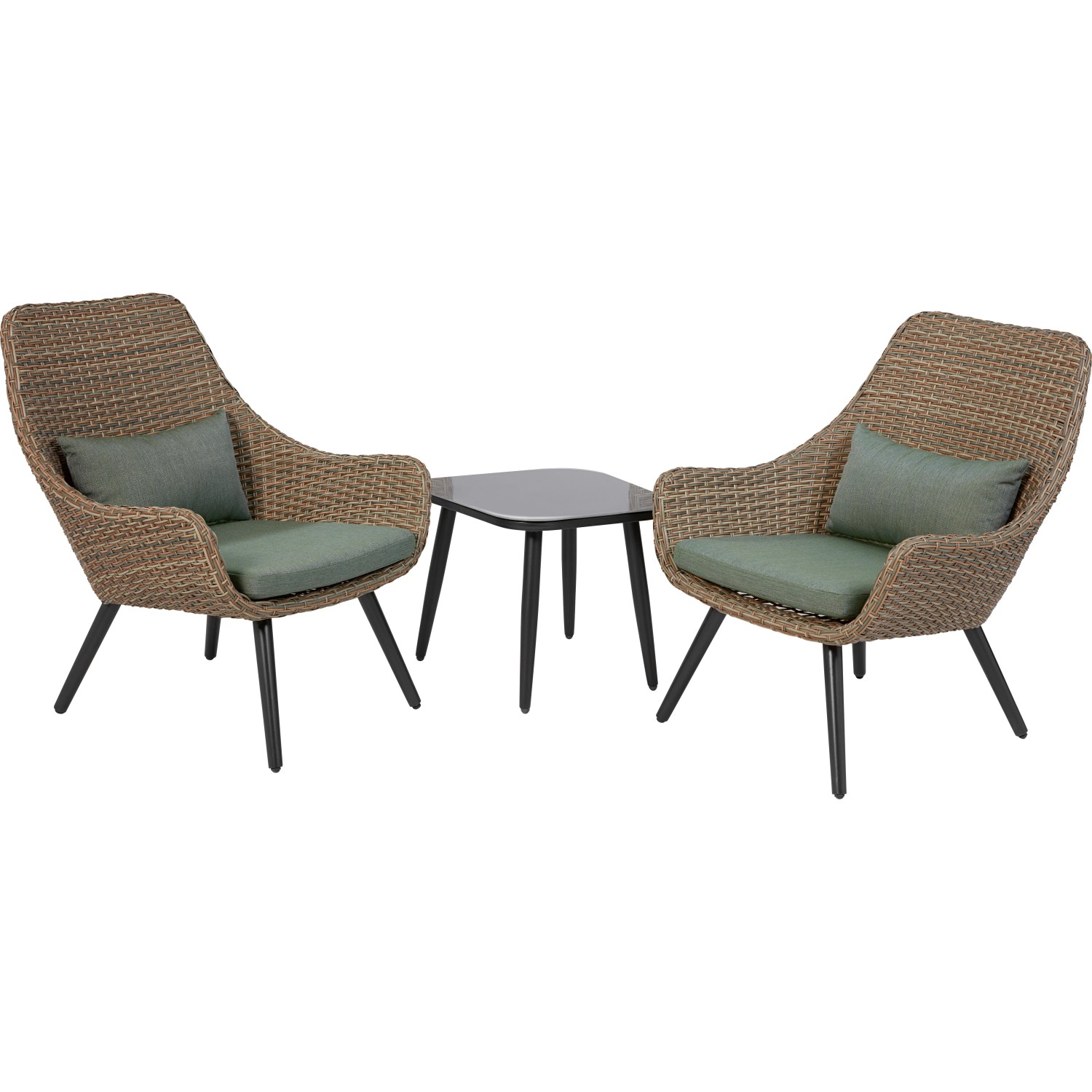 Set mobili da balcone Aliceville a 3 pezzi in polyrattan verde-grigio con tavolo e due sedie.
