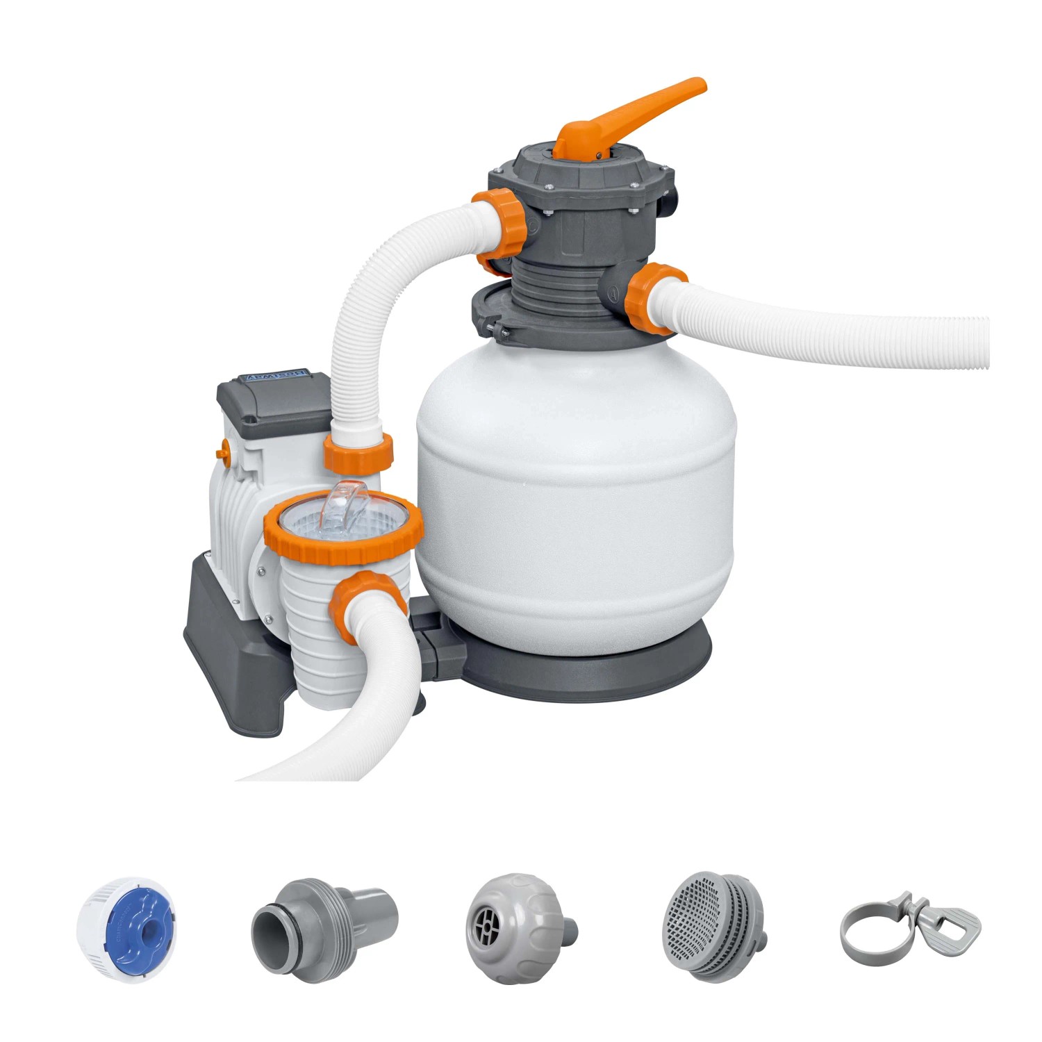 Sistema di filtro a sabbia per piscina, composto da filtro, pompa e accessori.