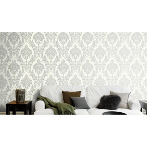 Carta da parati decorativa con motivo floreale in grigio e bianco.