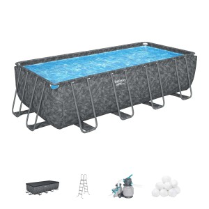 Piscina fuori terra rettangolare con struttura in acciaio, motivo grigio, inclusi accessori come scala e pompa filtro.