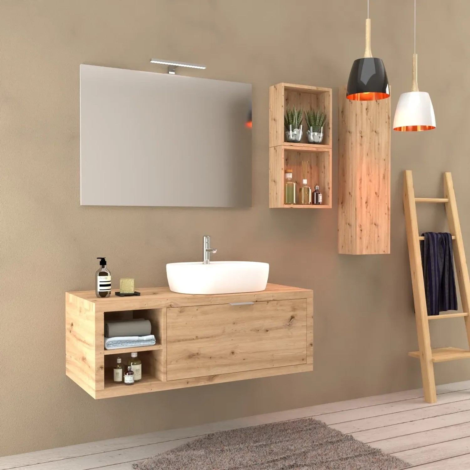 Set bagno moderno con mobile lavabo, specchio e scaffali in legno.