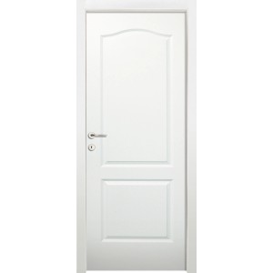 Porta interna bianca con due pannelli e maniglia argento.