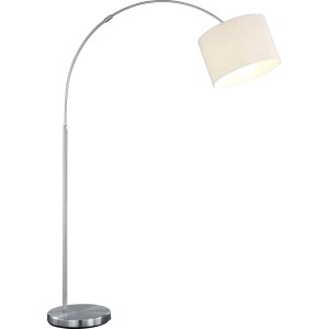 Elegante lampada ad arco/Piantane con paralume bianco e struttura argentata.