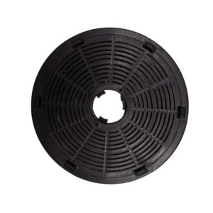 Filtro a carboni attivi rotondo nero per cappe aspiranti.