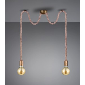Lampada da soffitto Trio Rope a 2 luci in stile vintage con sospensione a corda e dettagli in ottone anticato.