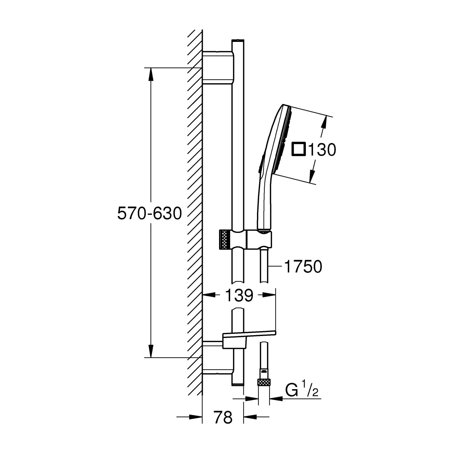 Disegno tecnico del set asta doccia Grohe QuickFix Vitalio SmartActive 130 Cube con dimensioni.