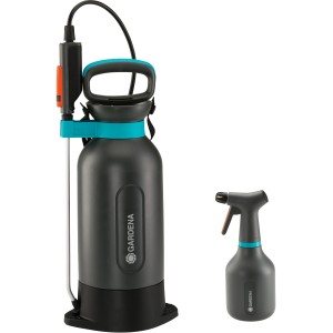 Set Gardena Comfort con spruzzatore a pressione da 5 l e spruzzatore a pompa da 0,75 l per giardino e cura delle piante.