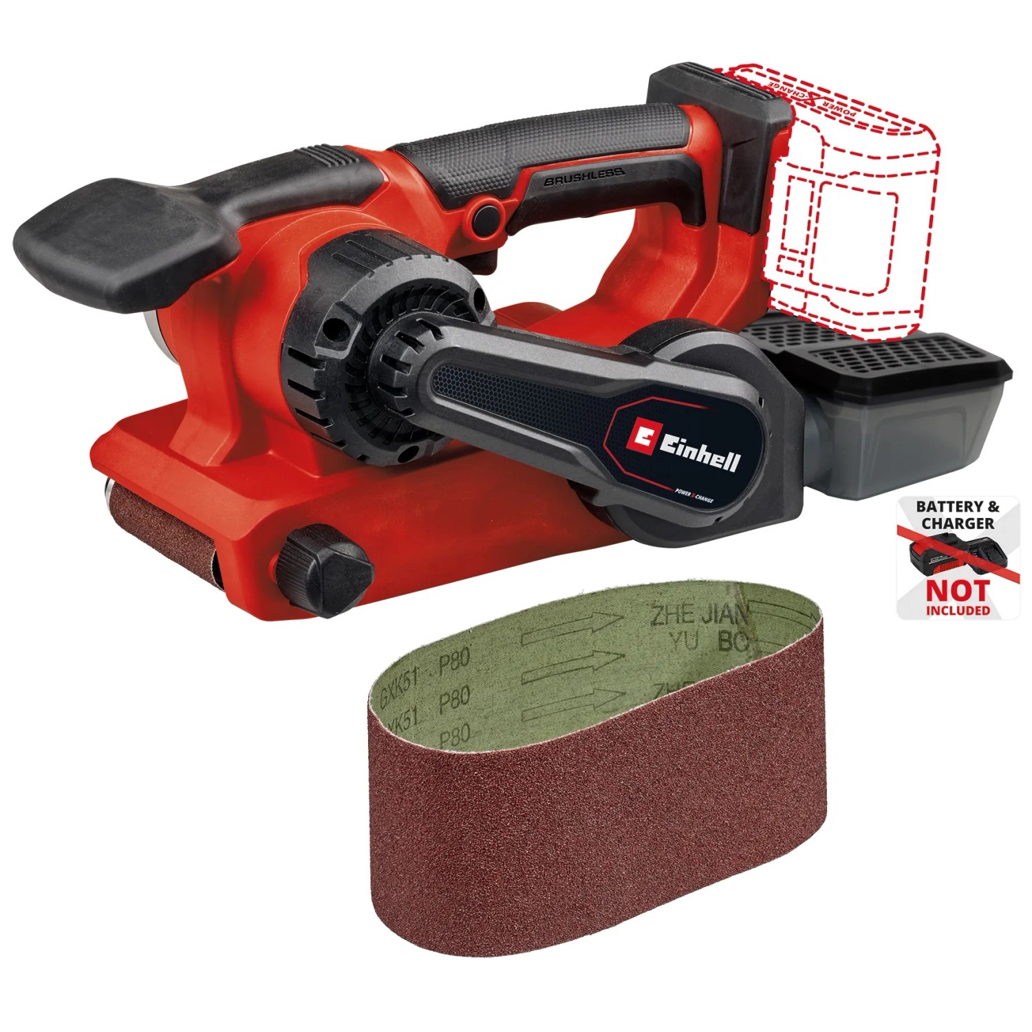 Levigatrice a nastro a batteria Einhell TP-BS 18/457 Li BL Solo con scatola raccoglipolvere e nastri abrasivi.