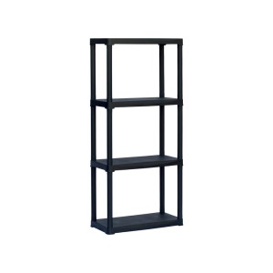 Scaffale in plastica nera con 4 ripiani per lo stoccaggio.