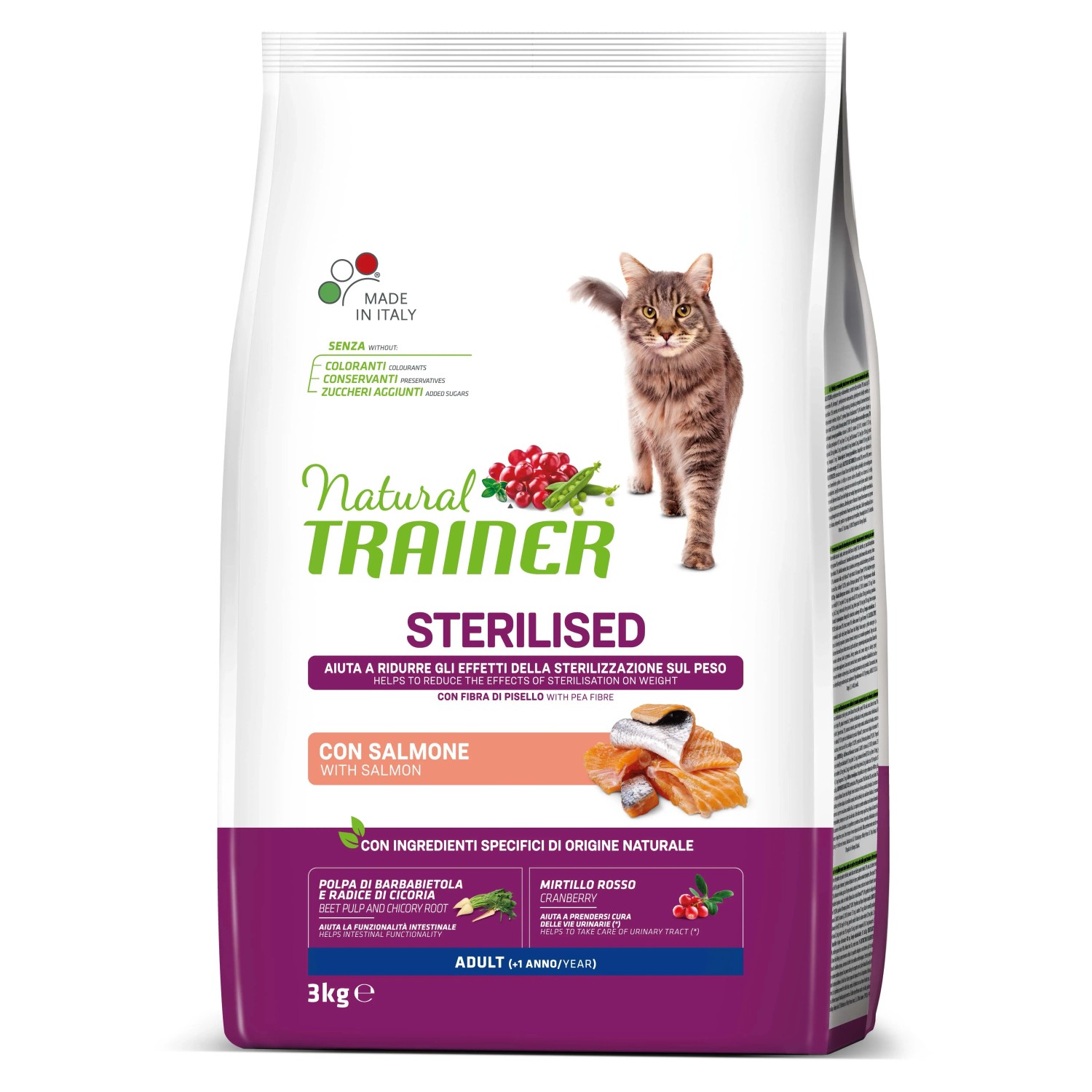 Natural Trainer Sterilised cibo secco per gatti con salmone, sacco da 3kg. Alimento per gatti sterilizzati.