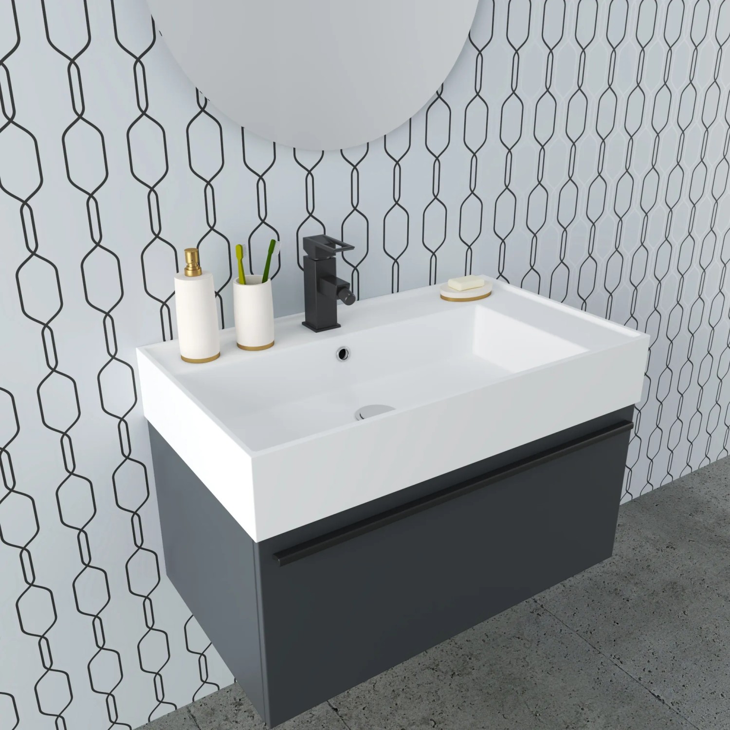 t.b.t. Mobile bagno con lavabo e rubinetto per il bagno.