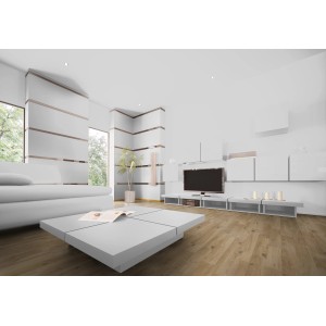 Soggiorno con pavimento in laminato chiaro. Il pavimento in laminato crea un'atmosfera accogliente.