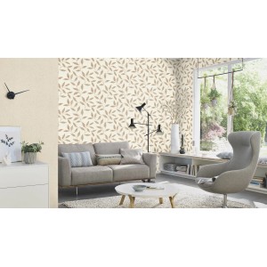 Soggiorno con carta da parati in tessuto non tessuto Rasch Tapetenwechsel II 651201, foglie color bronzo su sfondo chiaro.