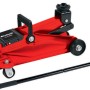 Cric a carrello rosso con leva nera per assistenza stradale e pronto soccorso.