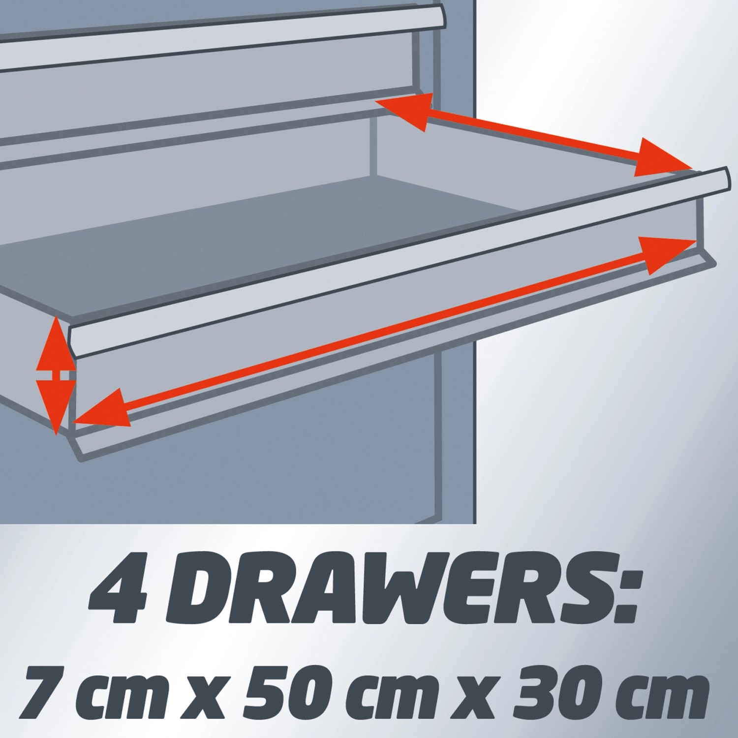 Dettaglio: cassetto del carrello da officina rosso Einhell TC-TW 100 con dimensioni.
