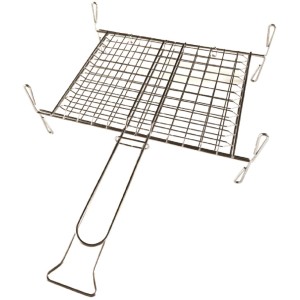 Griglia in metallo con manico, accessorio per barbecue.