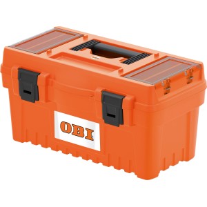Cassetta degli attrezzi OBI arancione in plastica con maniglia e scomparti trasparenti nel coperchio.