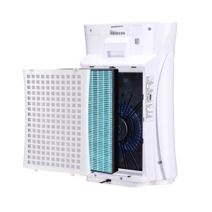 Purificatore d'aria bianco con scomparto filtro aperto e filtro blu.