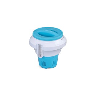 Galleggiante di dosaggio blu e bianco con termometro per la cura della piscina.