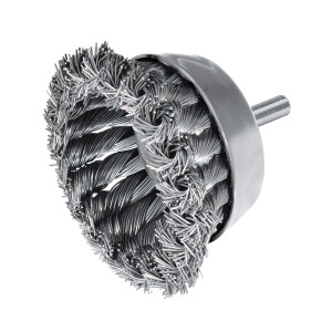 Spazzola a tazza LUX 65 mm a filo intrecciato per trapani, ideale per rimuovere ruggine e pulire.