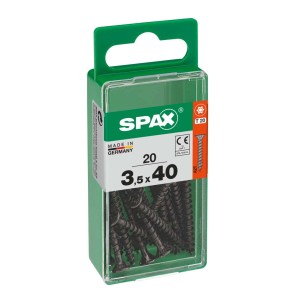 Viti universali Spax, 3,5x40 mm, zincate, nere, 20 pezzi in contenitore di plastica verde.