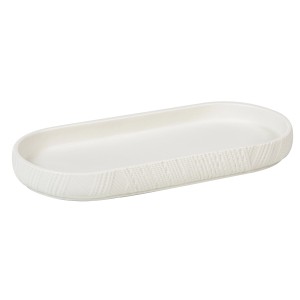 Portasapone ovale bianco con texture decorativa.