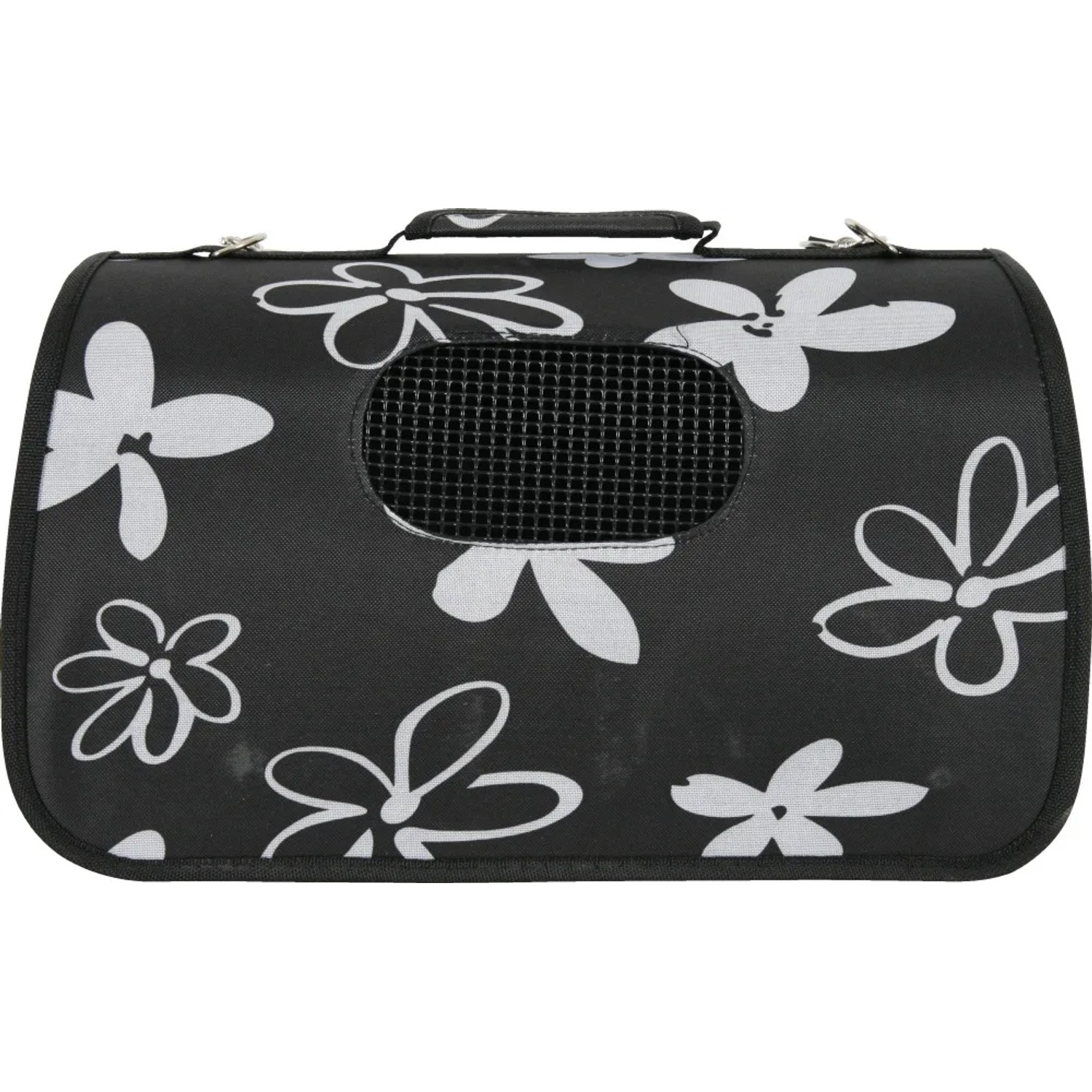 Trasportino per cani t.b.t., nero con fiori bianchi, con maniglia e finestra.