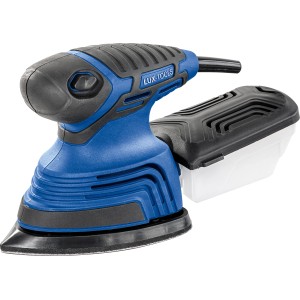 LUX Levigatrice multifunzione E-MUS-21: Levigatrice blu con scatola antipolvere per superfici, bordi e angoli.
