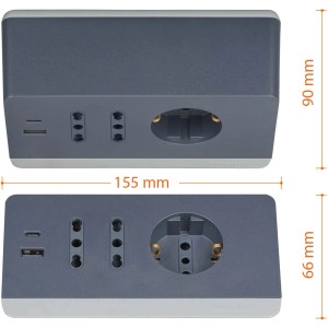Multipresa grigia t.b.t. con porte USB e prese, dimensioni indicate.