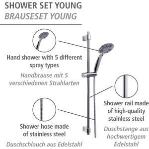 Set doccia Wenko Young Chrome: asta, doccetta 5 getti e flessibile in acciaio inox.