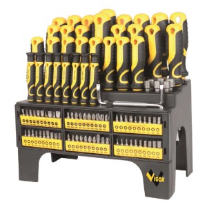 Set di cacciaviti t.b.t. con manici giallo-neri e inserti in scatola.