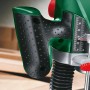 Dettaglio della fresatrice verticale Bosch 1400 ACE con indicatore dell'altezza di corsa e impugnatura ergonomica.