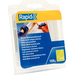 Stick di colla Rapid, 125g, Ø12mm, per pistole incollatrici. Colla bianca multiuso in blister.