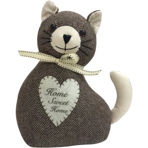 Fermaporta decorativo a forma di gatto con cuore e fiocco, marrone/beige.