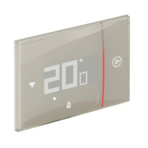 Cronotermostato digitale t.b.t. con superficie in vetro e display della temperatura.