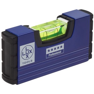Mini livella a bolla LUX Professional, corpo in plastica blu con bolla orizzontale.