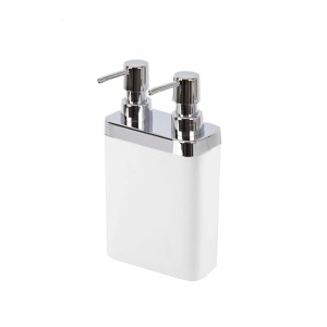 Dispenser sapone bianco con due erogatori cromati.