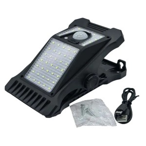 Luce solare nera con clip, pannello LED e sensore di movimento per illuminazione decorativa.