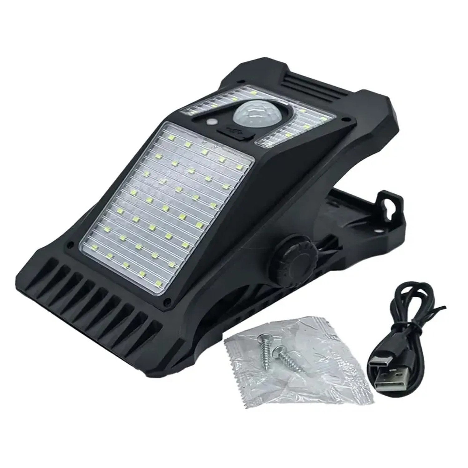 Luce solare nera con clip, pannello LED e sensore di movimento per illuminazione decorativa.