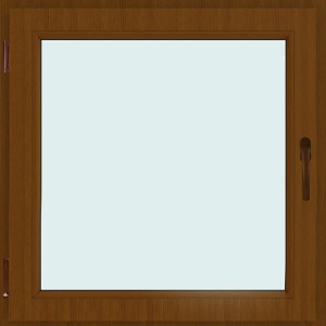 Finestra in PVC t.b.t. marrone con maniglia e accessori.