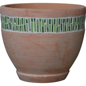 Vaso in terracotta t.b.t. con fascia a mosaico verde.