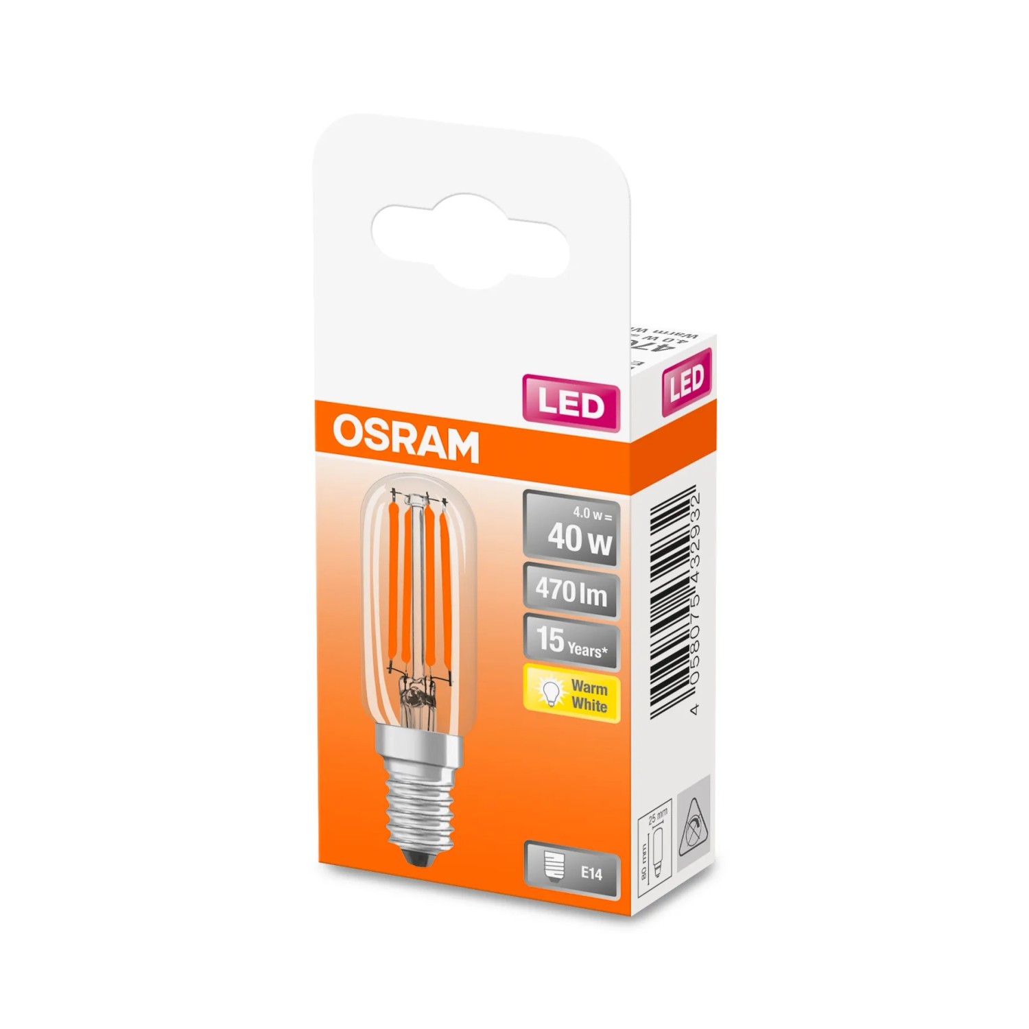 Lampadina LED E14 Osram, 4W, bianco caldo nella confezione.